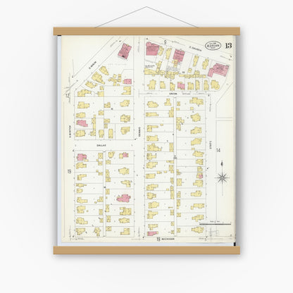 Old map wall art mockup — magnetic wood frame on white wall — Sanborn Fire Insurance Map from Adrian, Lenawee County, Michigan (1908), Sheet #0013