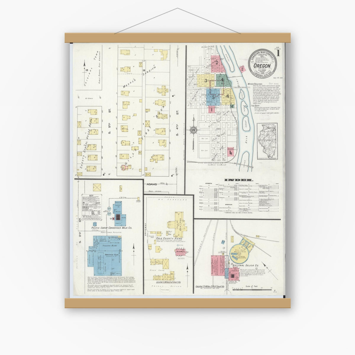 Old map wall art mockup — magnetic wood frame on white wall — Sanborn Fire Insurance Map from Oregon, Ogle County, Illinois (1913), Sheet #0001