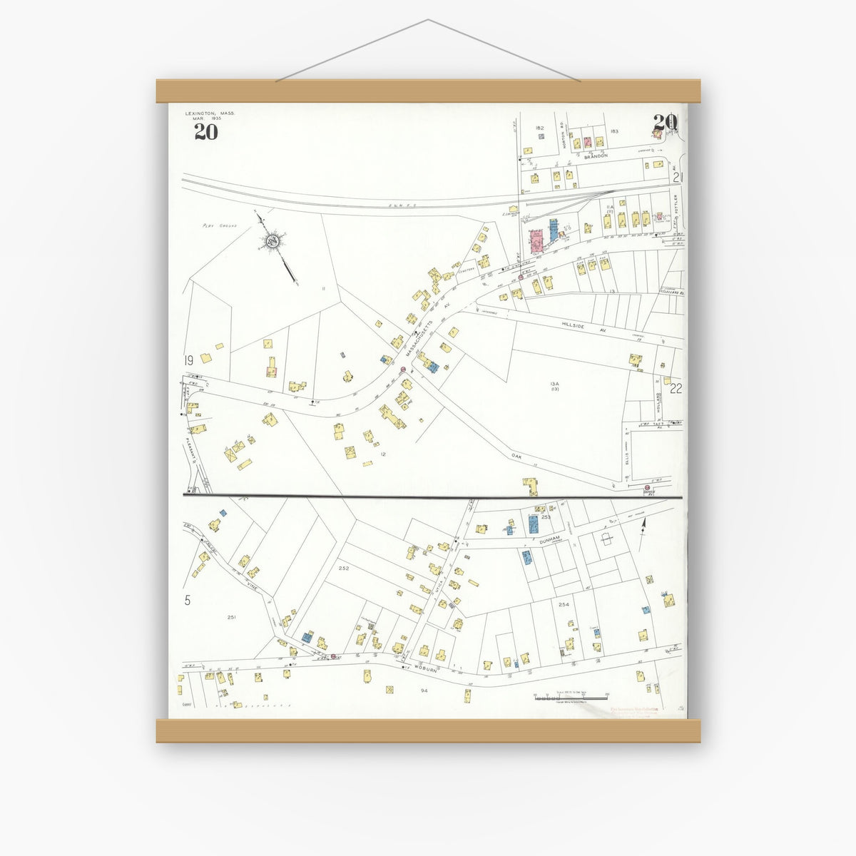 Old map wall art mockup — magnetic wood frame on white wall — Sanborn Fire Insurance Map from Lexington, Middlesex County, Massachusetts (1935), Sheet #0020