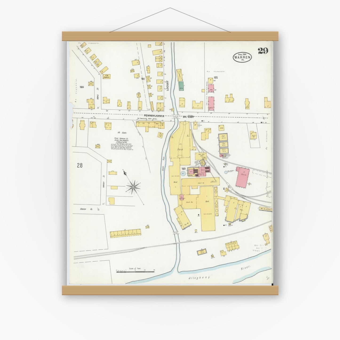 Old map wall art mockup — magnetic wood frame on white wall — Sanborn Fire Insurance Map from Warren, Warren County, Pennsylvania (1904), Sheet #0029
