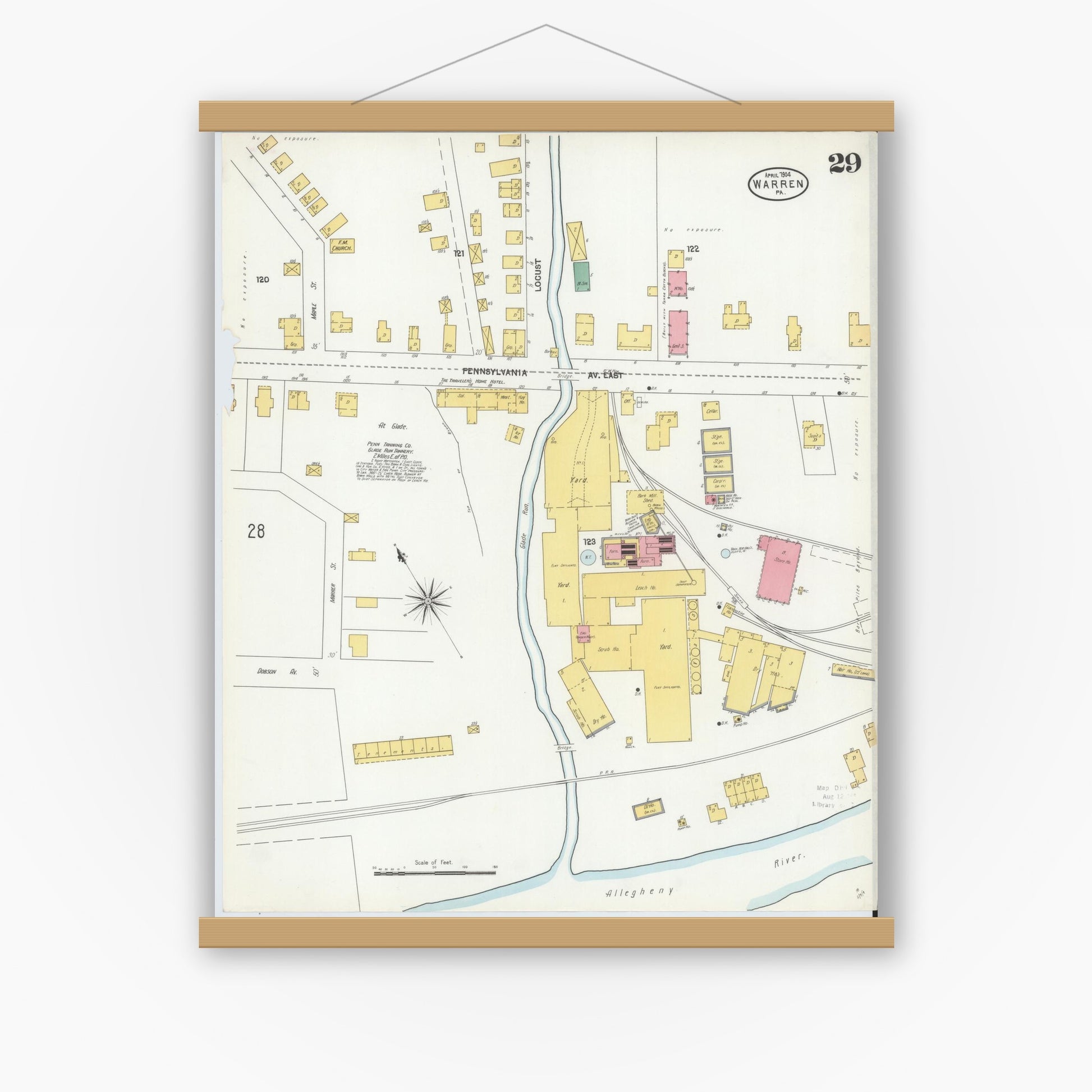 Old map wall art mockup — magnetic wood frame on white wall — Sanborn Fire Insurance Map from Warren, Warren County, Pennsylvania (1904), Sheet #0029