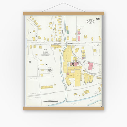 Old map wall art mockup — magnetic wood frame on white wall — Sanborn Fire Insurance Map from Warren, Warren County, Pennsylvania (1904), Sheet #0029
