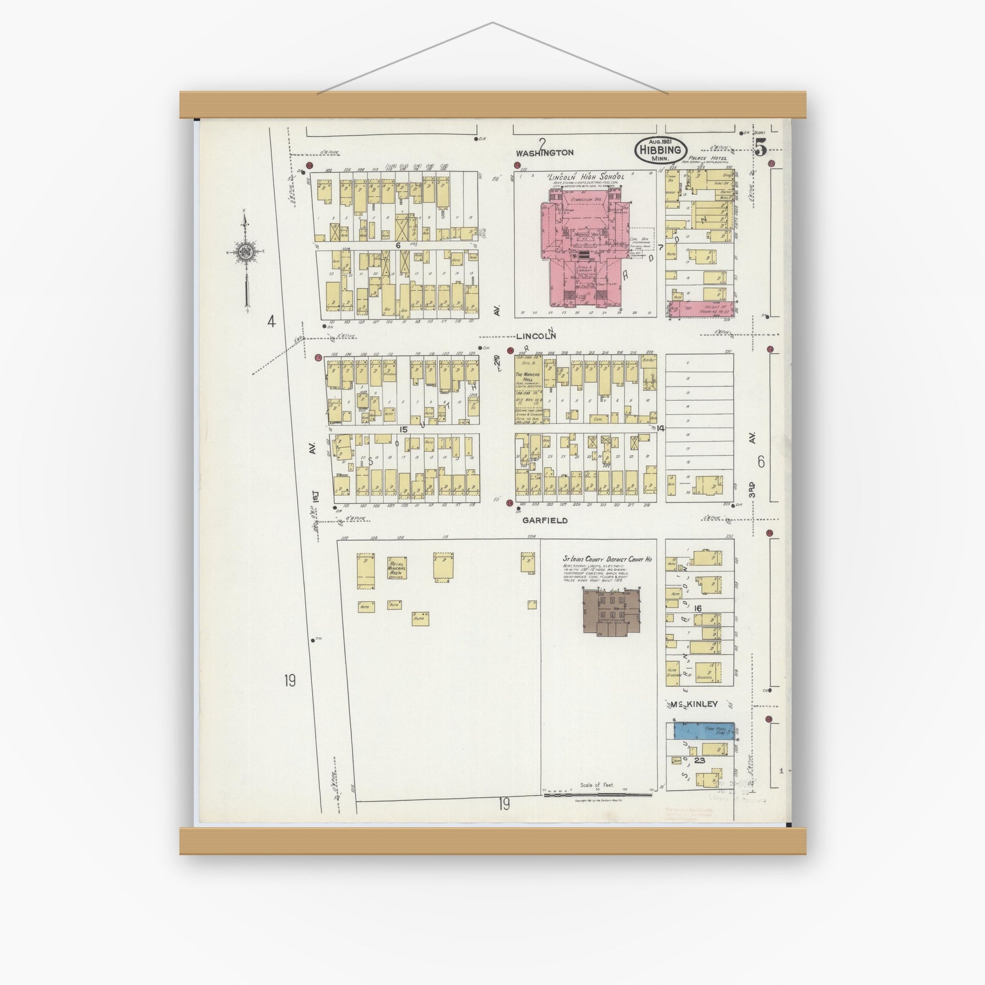Old map wall art mockup — magnetic wood frame on white wall — Sanborn Fire Insurance Map from Hibbing, Saint Louis County, Minnesota (1921), Sheet #0005