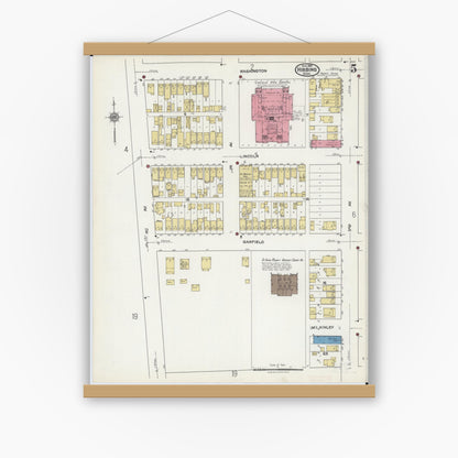 Old map wall art mockup — magnetic wood frame on white wall — Sanborn Fire Insurance Map from Hibbing, Saint Louis County, Minnesota (1921), Sheet #0005