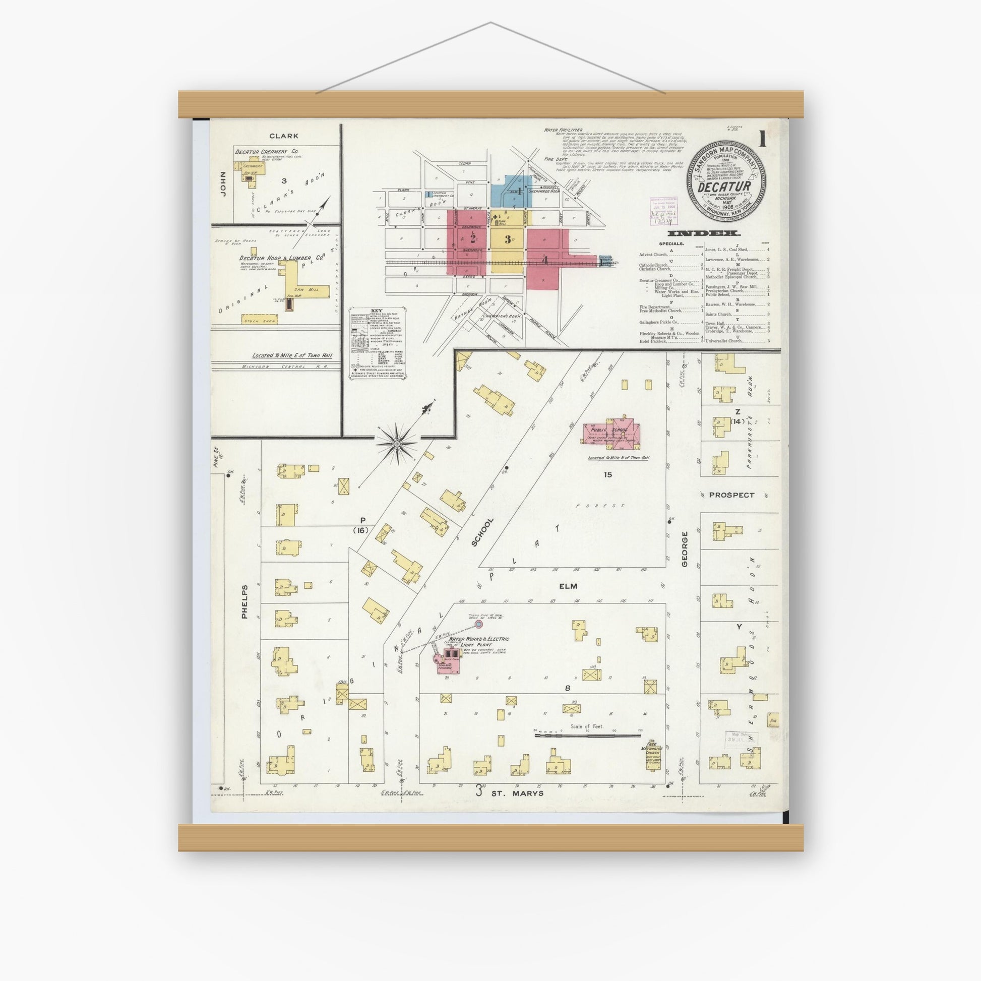 Old map wall art mockup — magnetic wood frame on white wall — Sanborn Fire Insurance Map from Decatur, Van Buren County, Michigan (1908), Sheet #0001