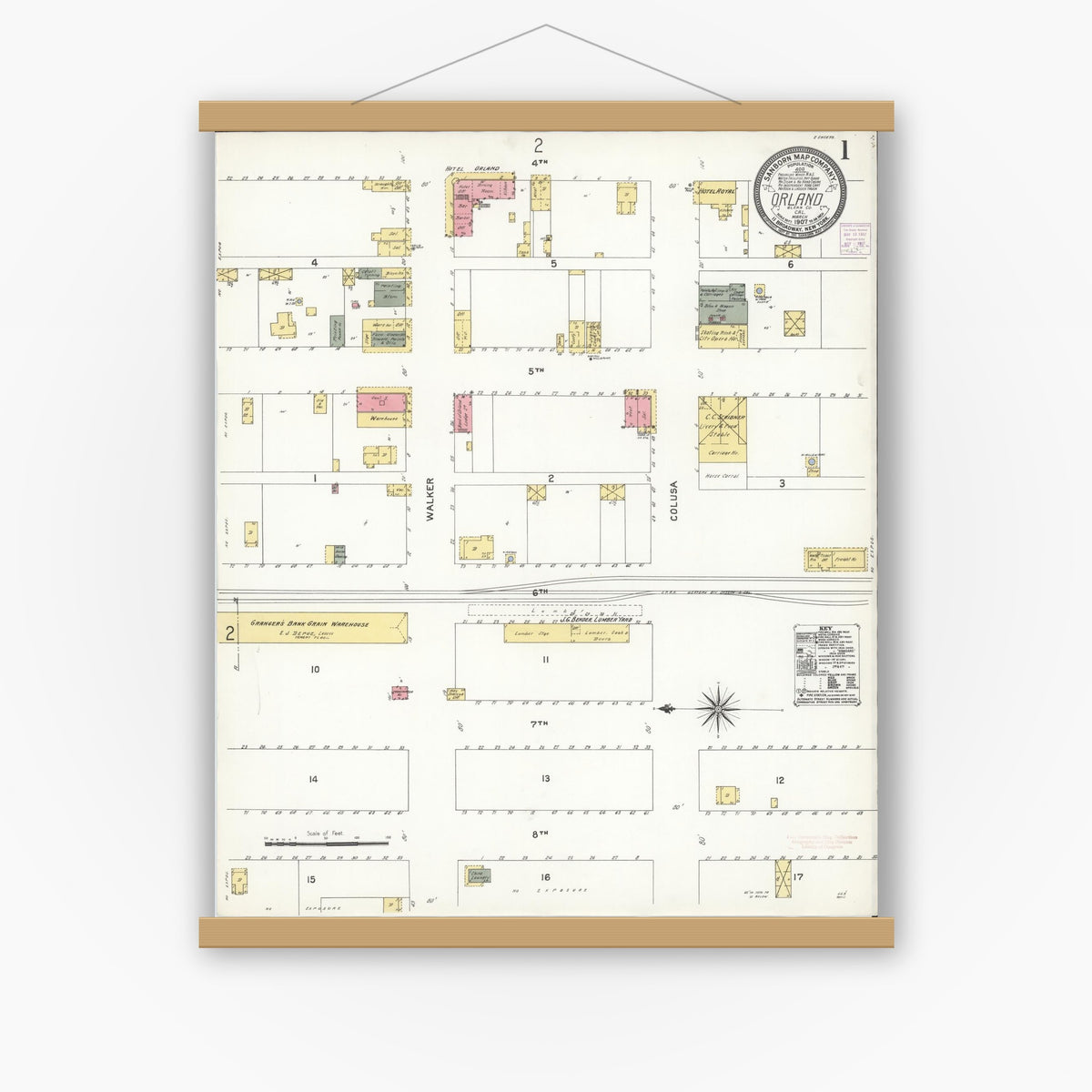 Old map wall art mockup — magnetic wood frame on white wall — Sanborn Fire Insurance Map from Orland, Glenn County, California (1907) - Complete Map Set