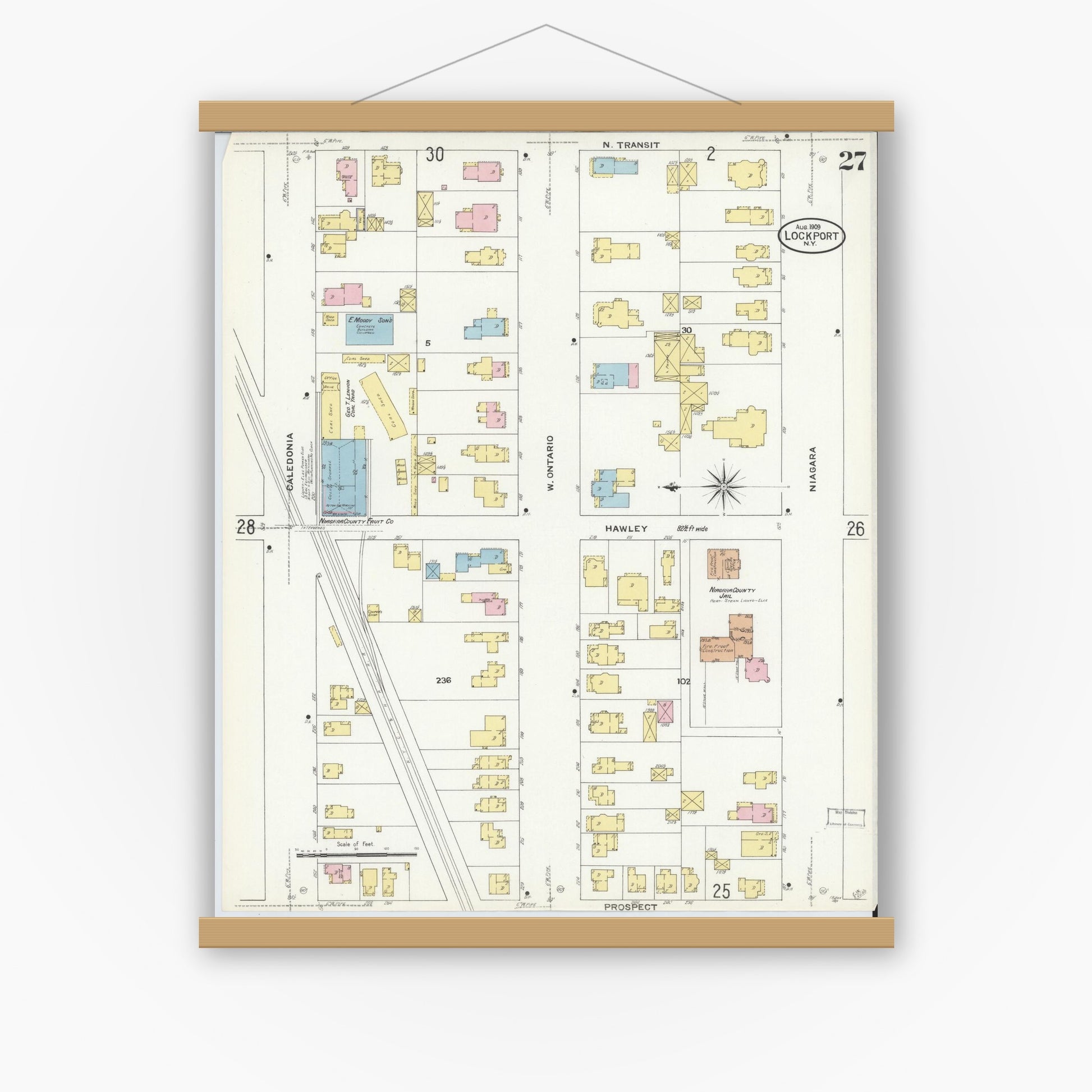 Old map wall art mockup — magnetic wood frame on white wall — Sanborn Fire Insurance Map from Lockport, Niagara County, New York (1909), Sheet #0027