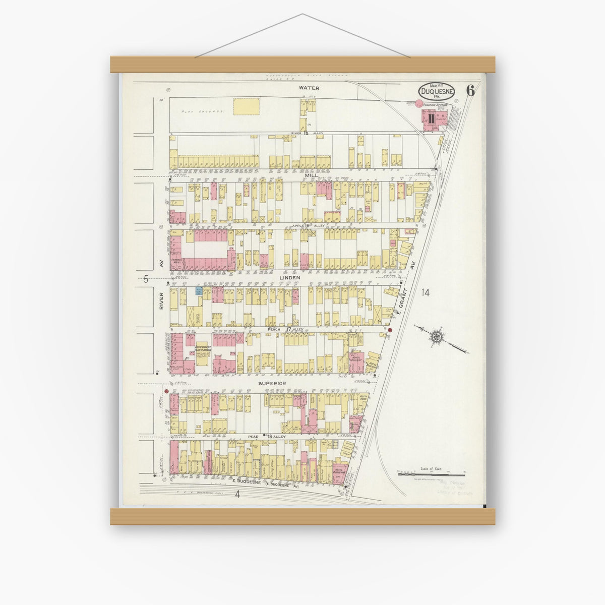 Old map wall art mockup — magnetic wood frame on white wall — Sanborn Fire Insurance Map from Duquesne, Allegheny County, Pennsylvania (1917), Sheet #0006