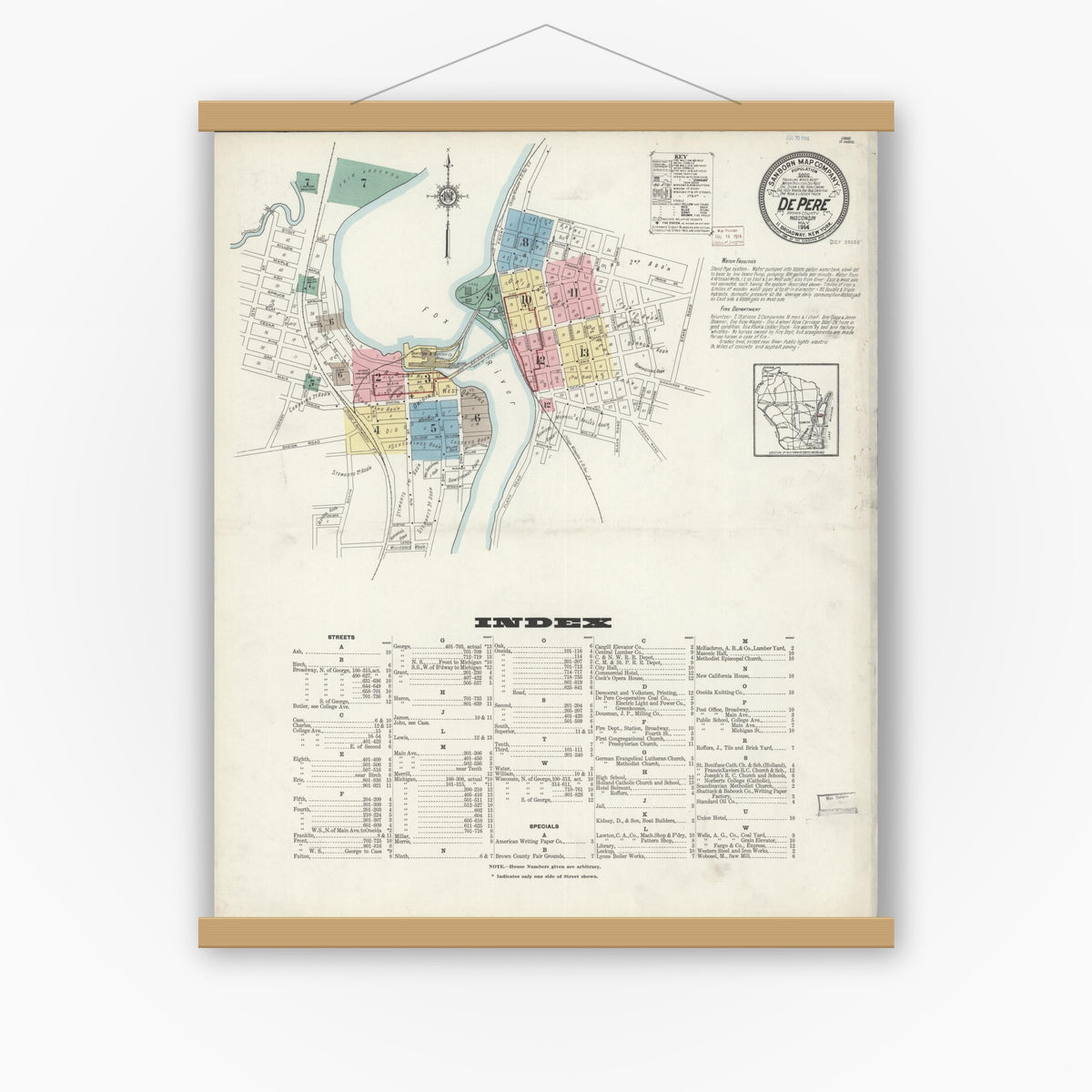 Old map wall art mockup — magnetic wood frame on white wall — Sanborn Fire Insurance Map from De Pere, Brown County, Wisconsin (1914) - Complete Map Set