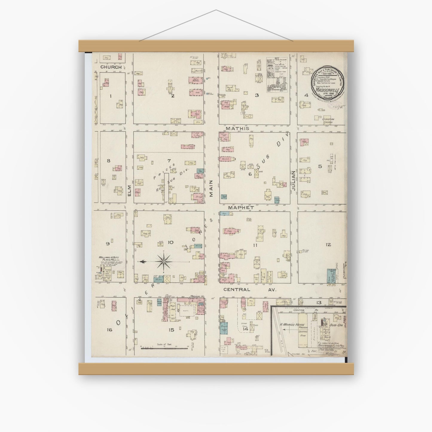Old map wall art mockup — magnetic wood frame on white wall — Sanborn Fire Insurance Map from Madisonville, Hamilton County, Ohio (1886), Sheet #0001