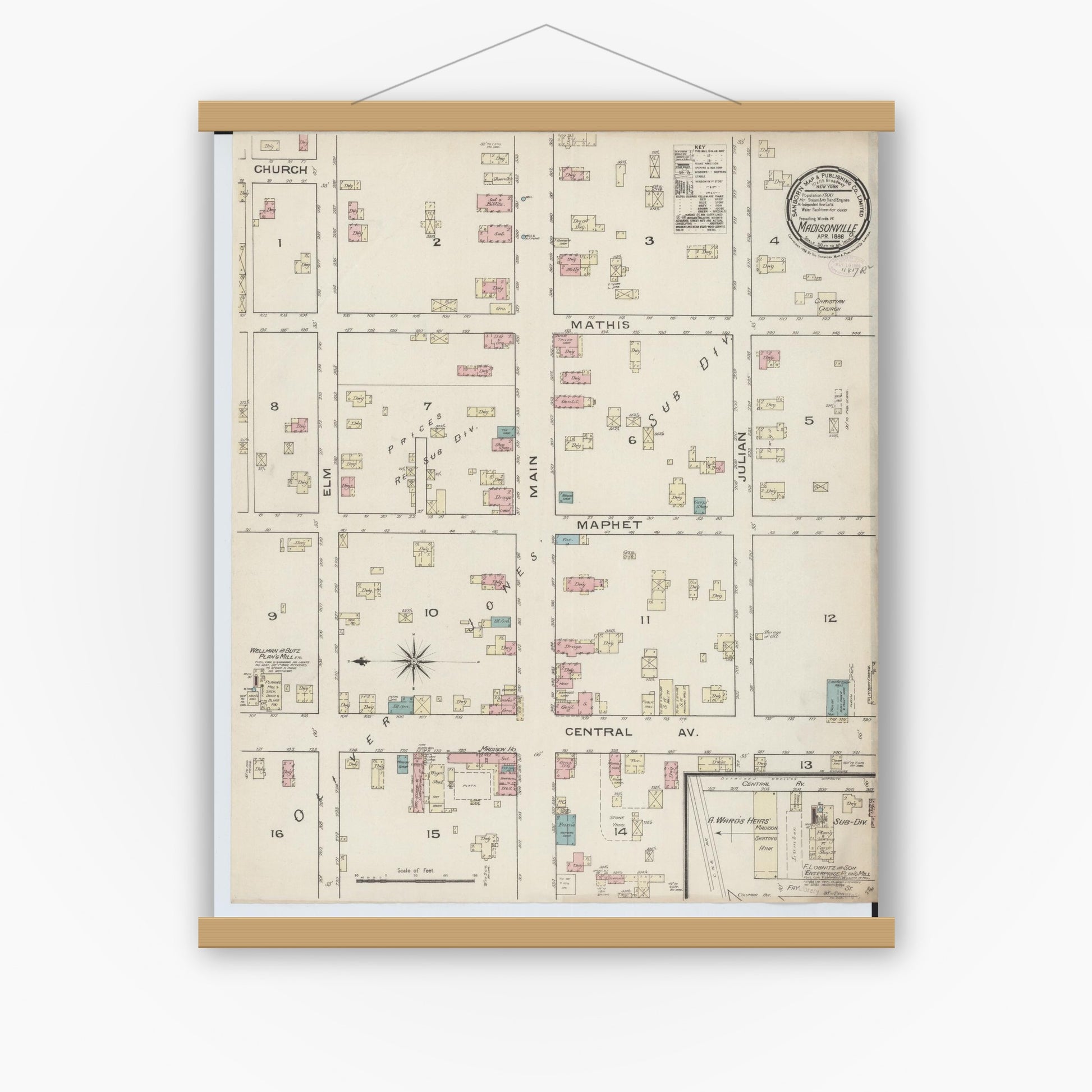 Old map wall art mockup — magnetic wood frame on white wall — Sanborn Fire Insurance Map from Madisonville, Hamilton County, Ohio (1886), Sheet #0001