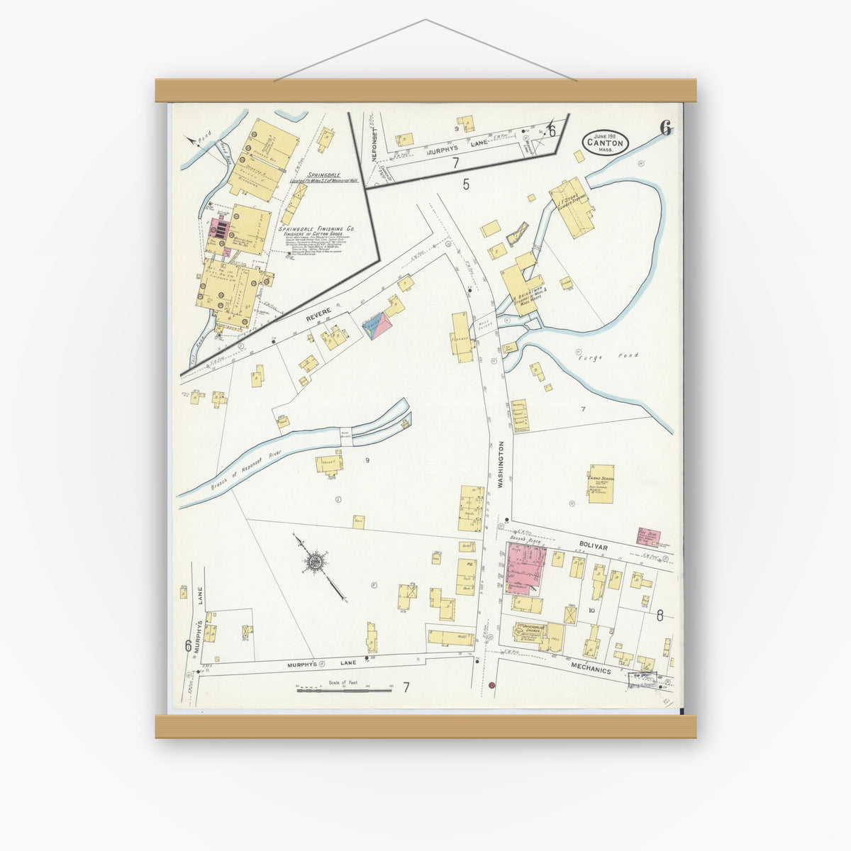 Old map wall art mockup — magnetic wood frame on white wall — Sanborn Fire Insurance Map from Canton, Norfolk County, Massachusetts (1911), Sheet #0006