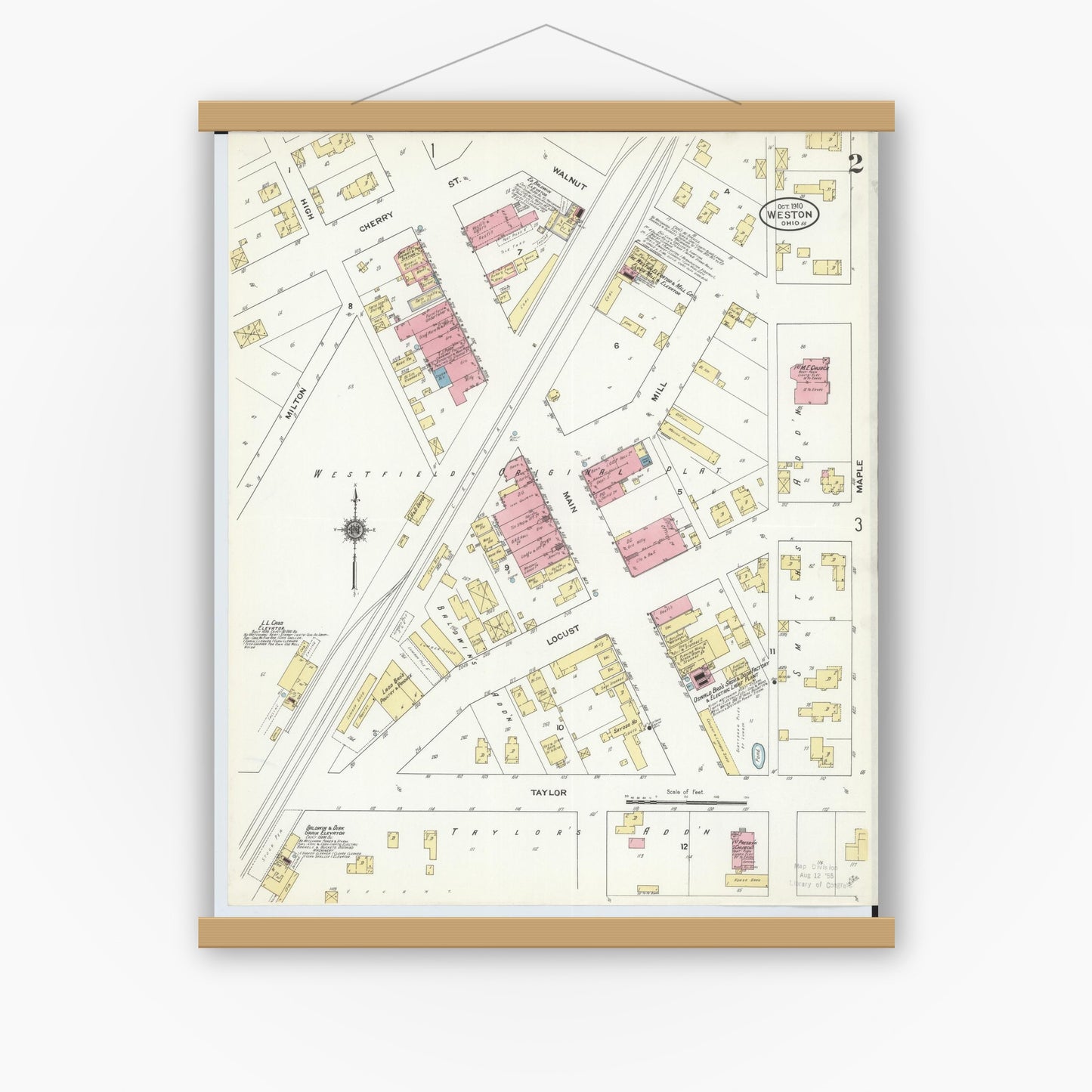 Old map wall art mockup — magnetic wood frame on white wall — Sanborn Fire Insurance Map from Weston, Wood County, Ohio (1910), Sheet #0002
