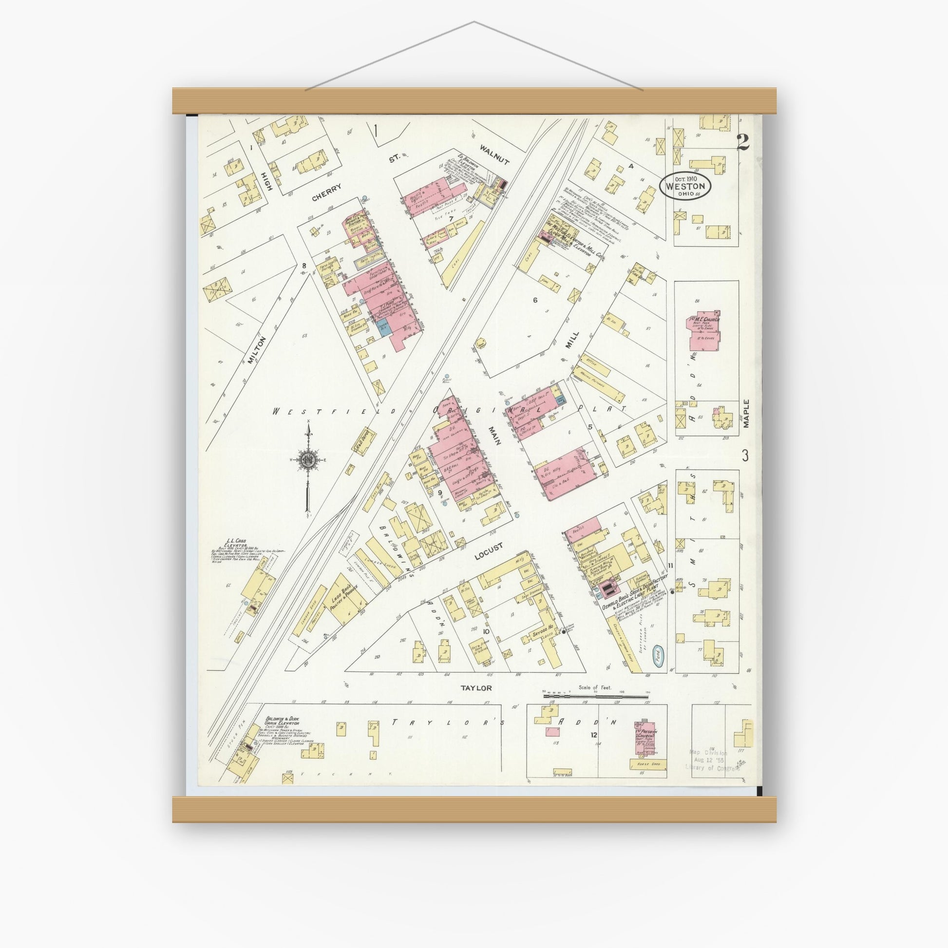 Old map wall art mockup — magnetic wood frame on white wall — Sanborn Fire Insurance Map from Weston, Wood County, Ohio (1910), Sheet #0002