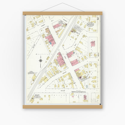 Old map wall art mockup — magnetic wood frame on white wall — Sanborn Fire Insurance Map from Weston, Wood County, Ohio (1910), Sheet #0002