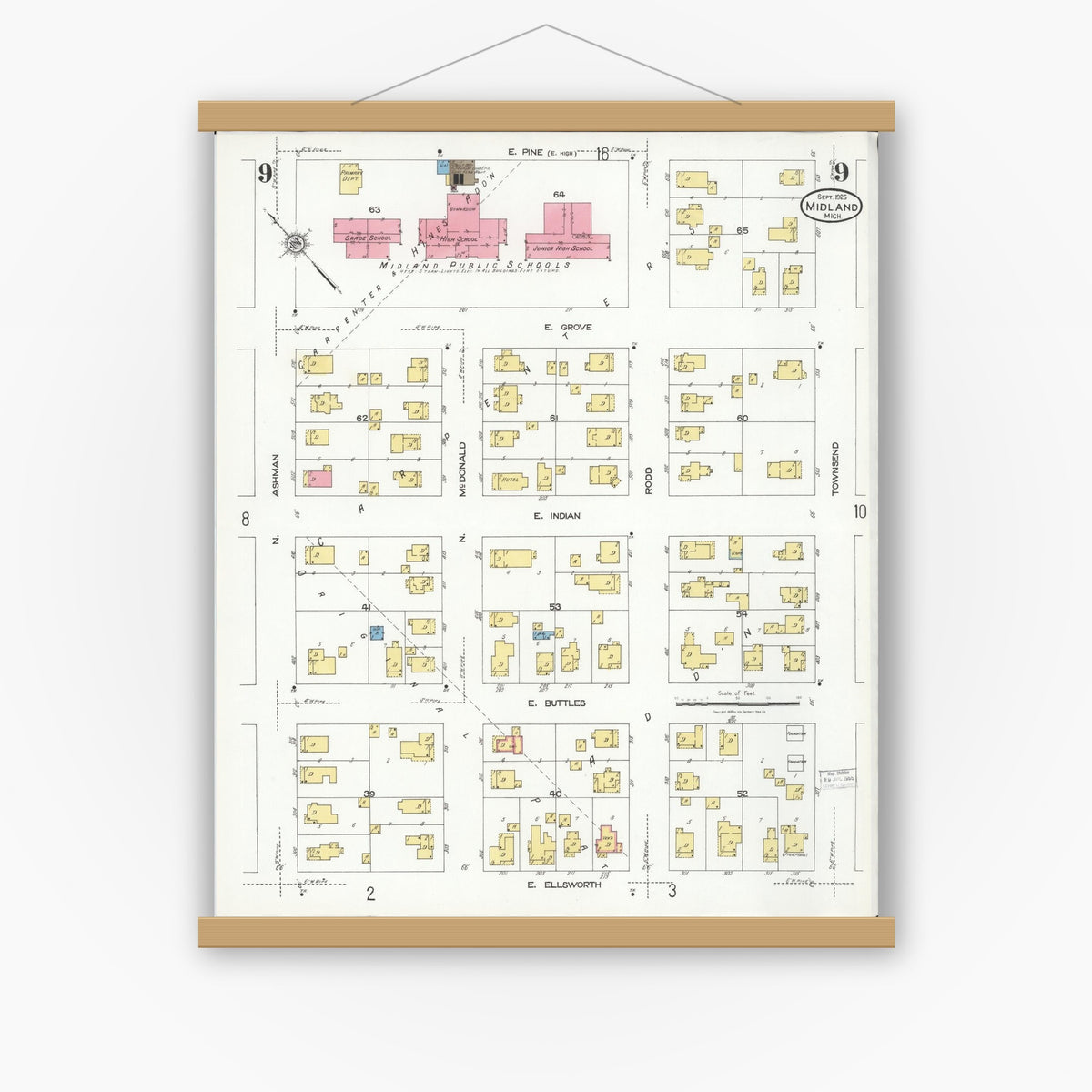 Old map wall art mockup — magnetic wood frame on white wall — Sanborn Fire Insurance Map from Midland, Midland County, Michigan (1926), Sheet #0009