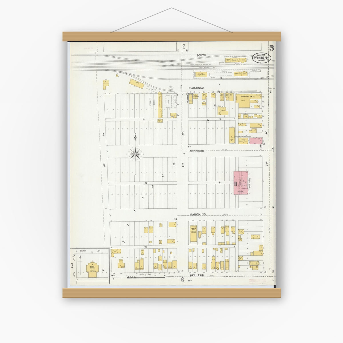 Old map wall art mockup — magnetic wood frame on white wall — Sanborn Fire Insurance Map from Hibbing, Saint Louis County, Minnesota (1904), Sheet #0005