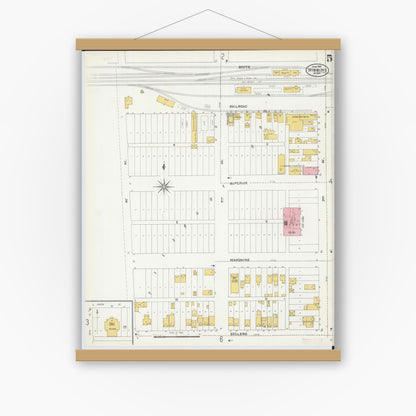 Old map wall art mockup — magnetic wood frame on white wall — Sanborn Fire Insurance Map from Hibbing, Saint Louis County, Minnesota (1904), Sheet #0005