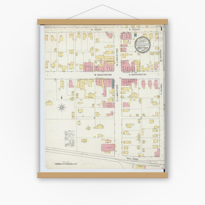 Old map wall art mockup — magnetic wood frame on white wall — Sanborn Fire Insurance Map from Jamestown, Greene County, Ohio (1893), Sheet #0001