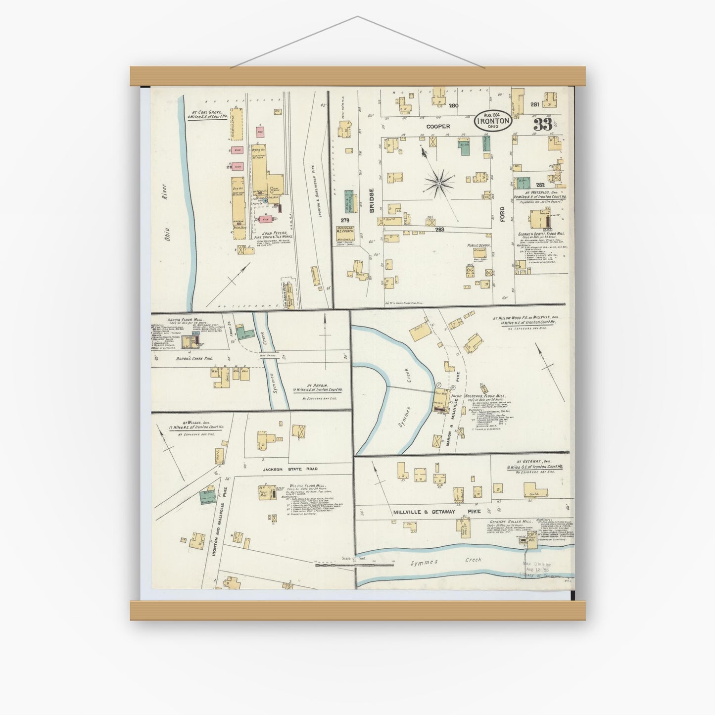 Old map wall art mockup — magnetic wood frame on white wall — Sanborn Fire Insurance Map from Ironton, Lawrence County, Ohio (1904), Sheet #0033