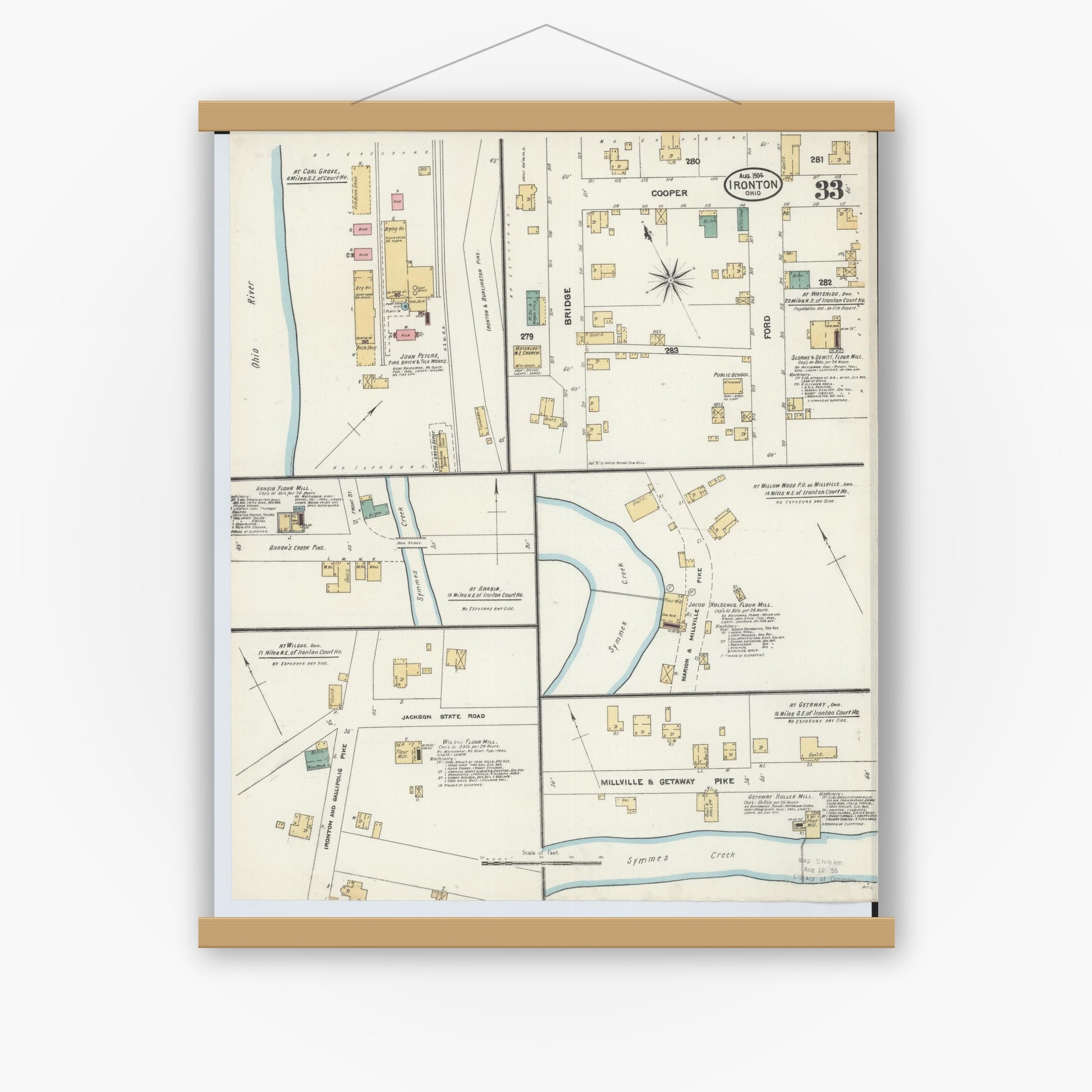 Old map wall art mockup — magnetic wood frame on white wall — Sanborn Fire Insurance Map from Ironton, Lawrence County, Ohio (1904), Sheet #0033