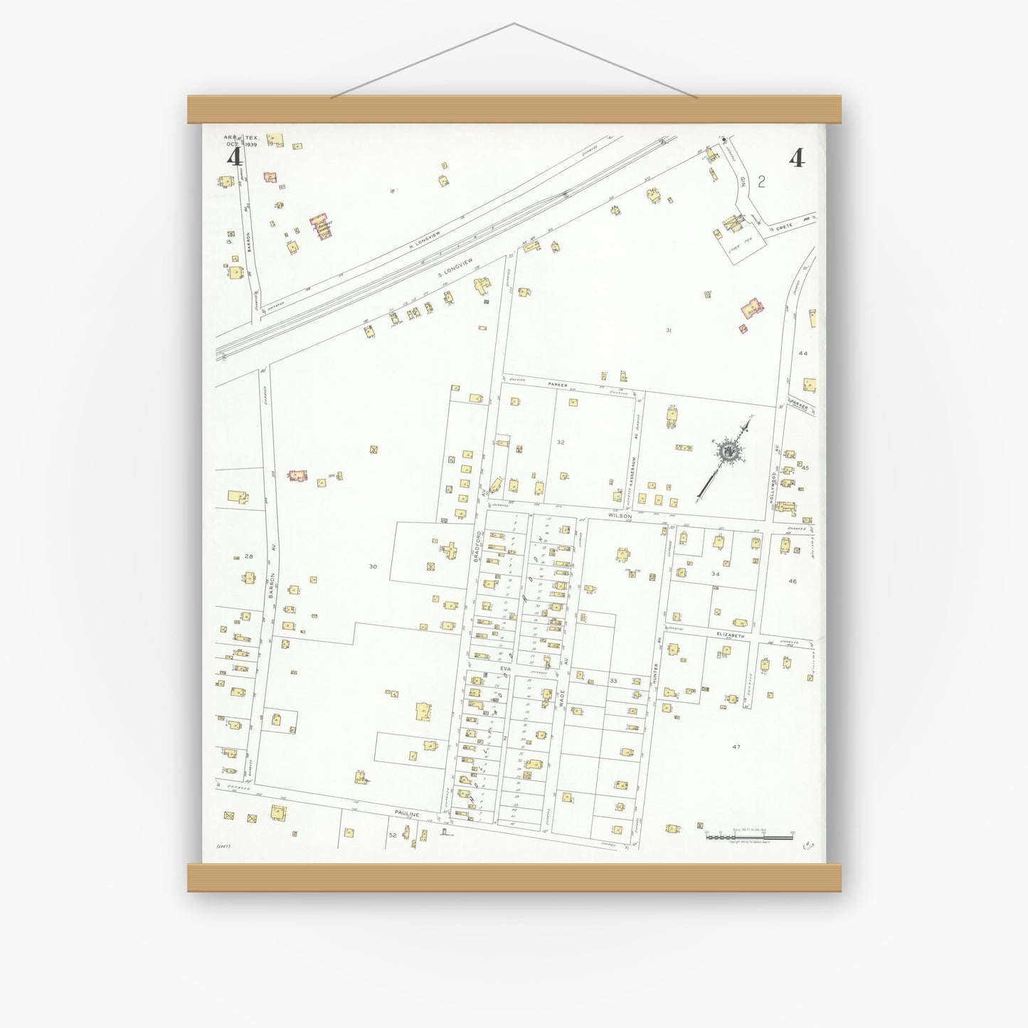Old map wall art mockup — magnetic wood frame on white wall — Sanborn Fire Insurance Map from Arp, Smith County, Texas (1939), Sheet #0004