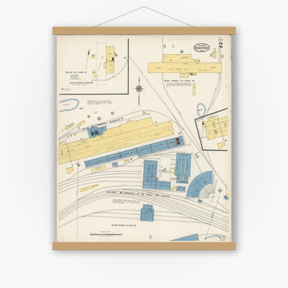 Old map wall art mockup — magnetic wood frame on white wall — Sanborn Fire Insurance Map from Bedford, Lawrence County, Indiana (1922), Sheet #0002