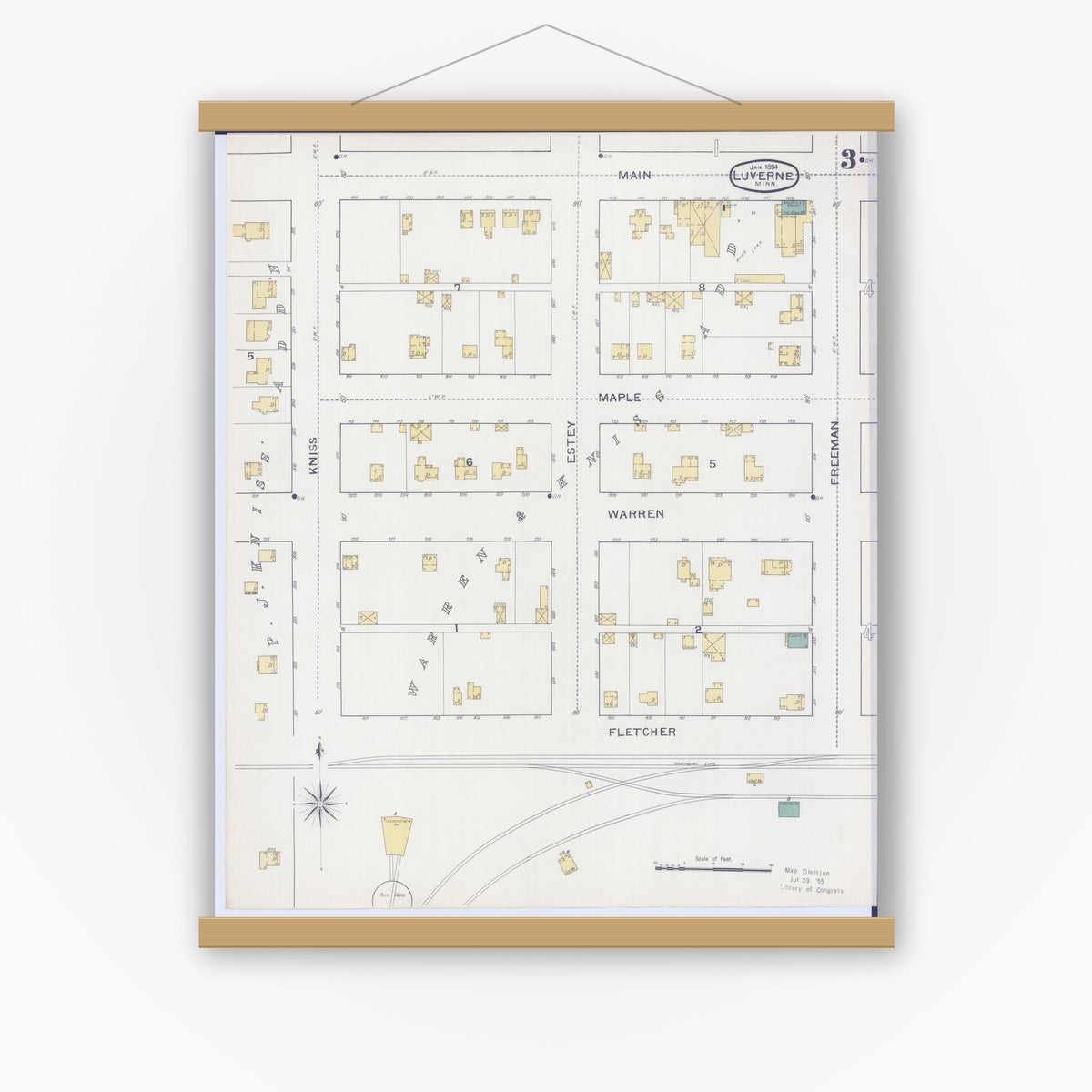 Old map wall art mockup — magnetic wood frame on white wall — Sanborn Fire Insurance Map from Luverne, Rock County, Minnesota (1894), Sheet #0003