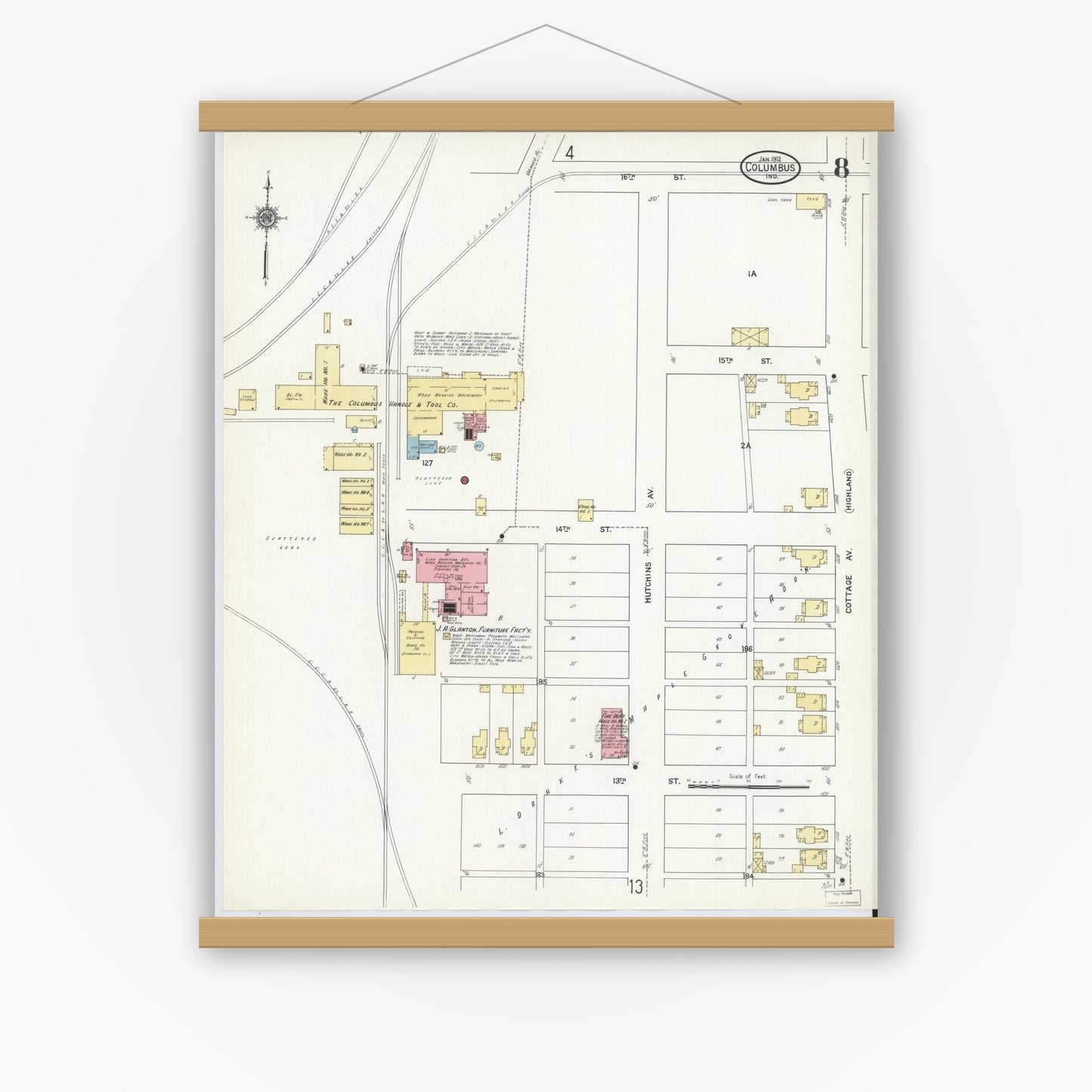 Old map wall art mockup — magnetic wood frame on white wall — Sanborn Fire Insurance Map from Columbus, Bartholomew County, Indiana (1912), Sheet #0008