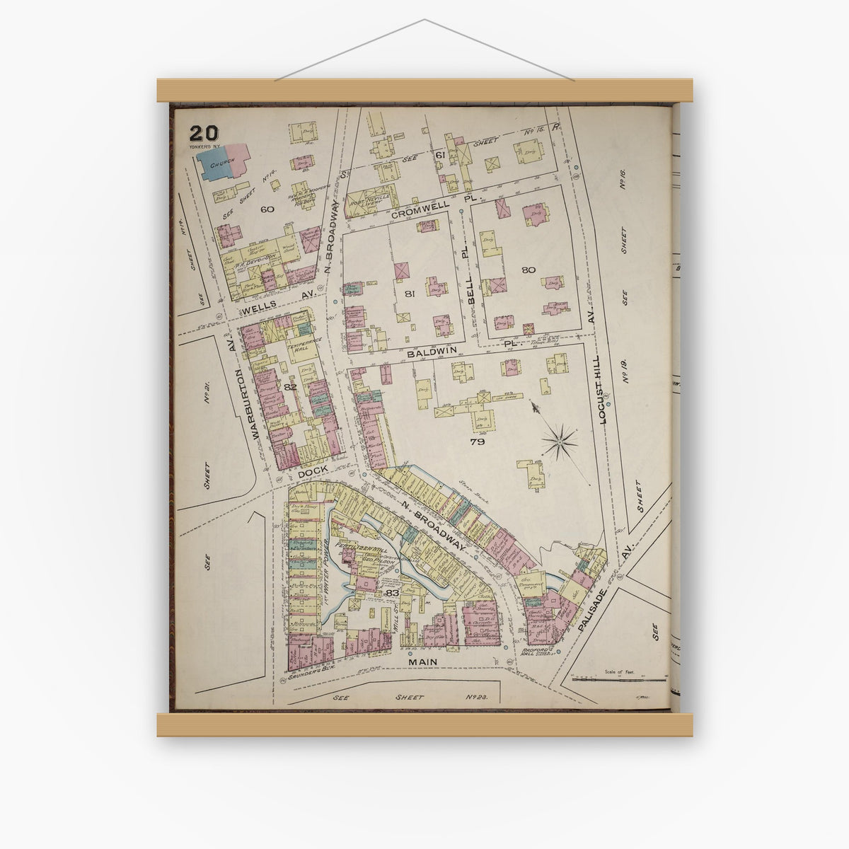 Old map wall art mockup — magnetic wood frame on white wall — Sanborn Fire Insurance Map from Yonkers, Westchester County, New York (1886), Sheet #0020