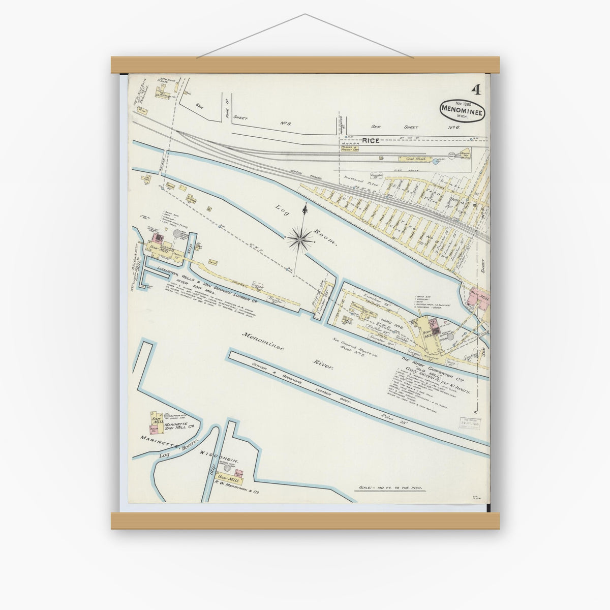 Old map wall art mockup — magnetic wood frame on white wall — Sanborn Fire Insurance Map from Menominee, Menominee County, Michigan (1890), Sheet #0004