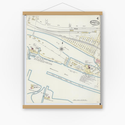 Old map wall art mockup — magnetic wood frame on white wall — Sanborn Fire Insurance Map from Menominee, Menominee County, Michigan (1890), Sheet #0004