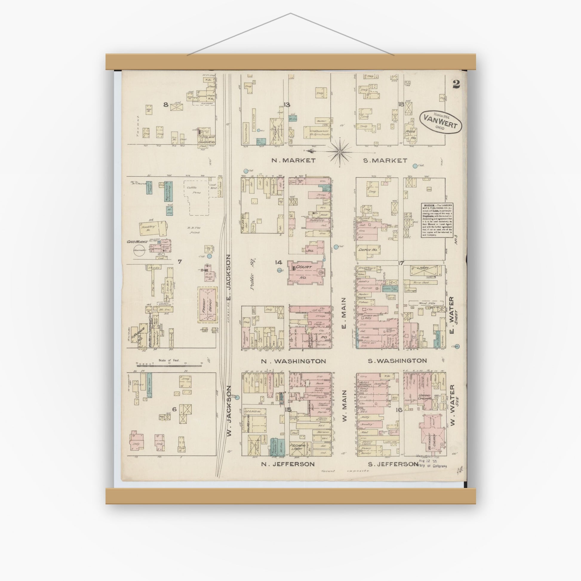 Old map wall art mockup — magnetic wood frame on white wall — Sanborn Fire Insurance Map from Van Wert, Van Wert County, Ohio (1884), Sheet #0002