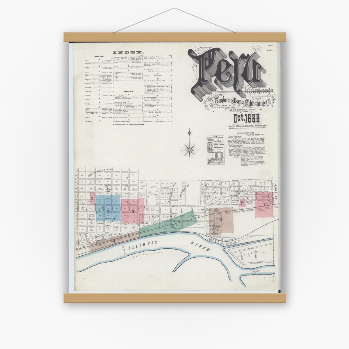 Old map wall art mockup — magnetic wood frame on white wall — Sanborn Fire Insurance Map from Peru, La Salle County, Illinois (1888) - Complete Map Set