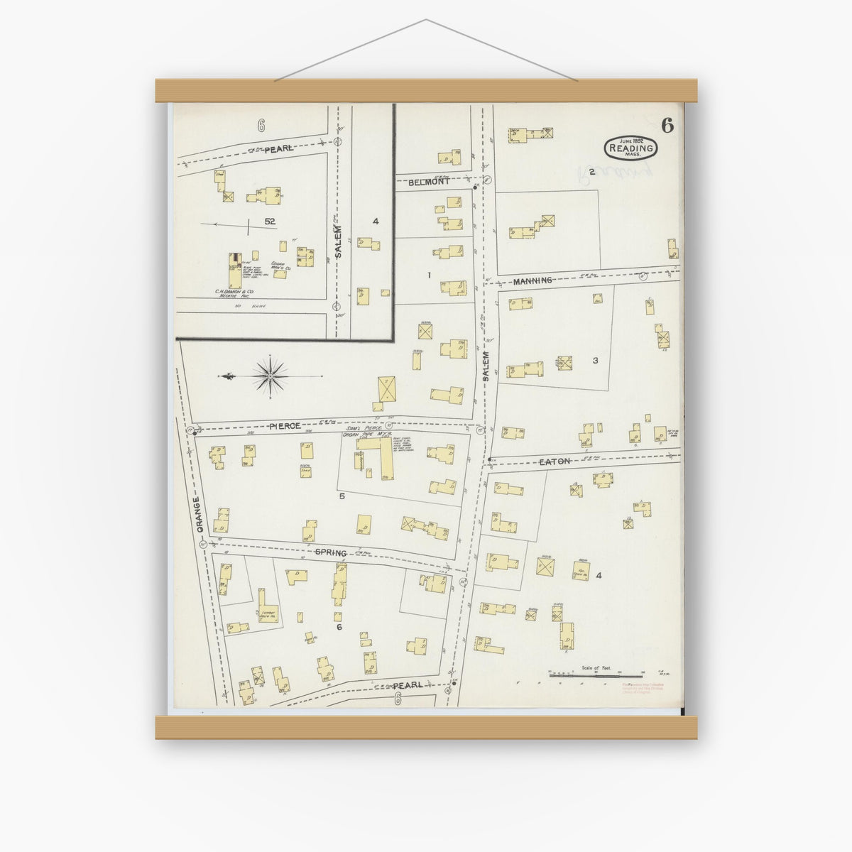 Old map wall art mockup — magnetic wood frame on white wall — Sanborn Fire Insurance Map from Reading, Middlesex County, Massachusetts (1892), Sheet #0006