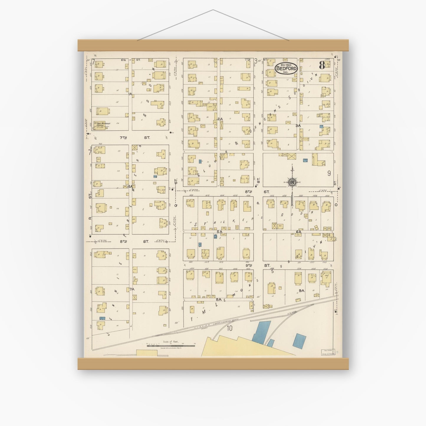 Old map wall art mockup — magnetic wood frame on white wall — Sanborn Fire Insurance Map from Bedford, Lawrence County, Indiana (1922), Sheet #0008