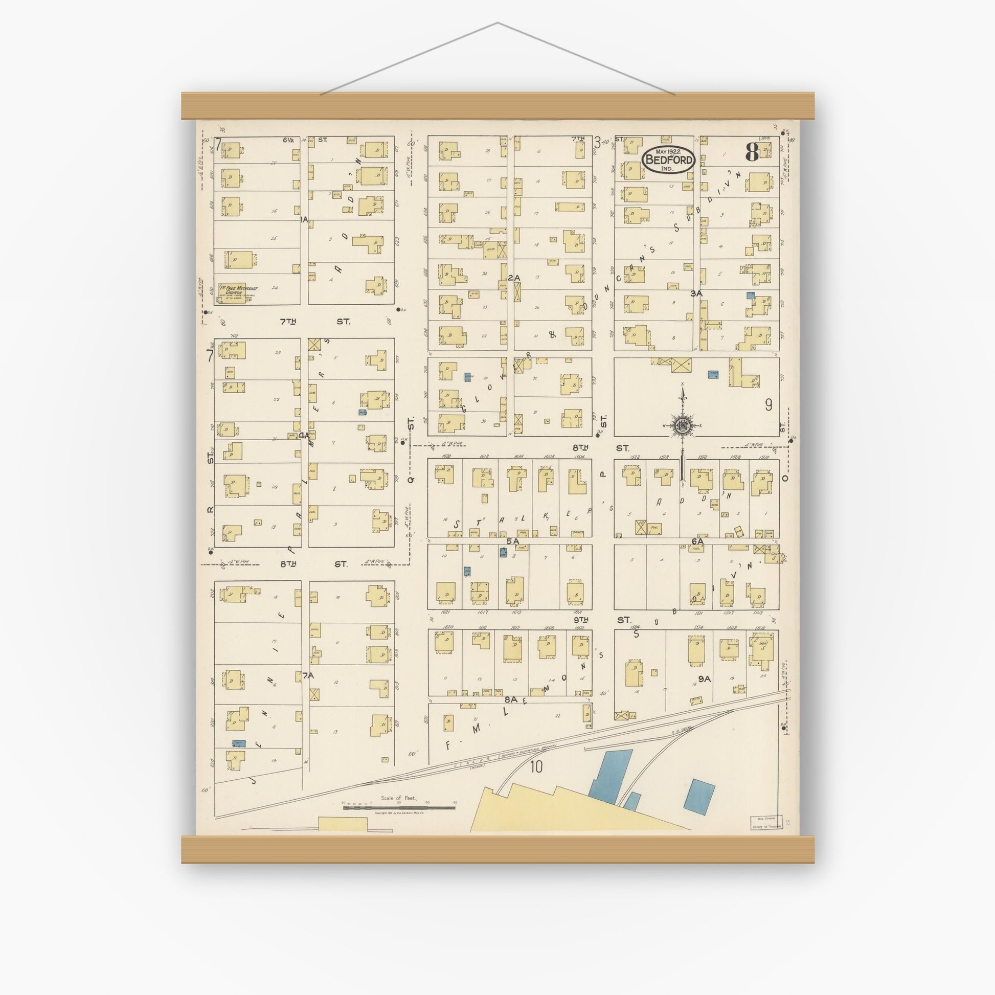 Old map wall art mockup — magnetic wood frame on white wall — Sanborn Fire Insurance Map from Bedford, Lawrence County, Indiana (1922), Sheet #0008