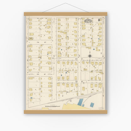 Old map wall art mockup — magnetic wood frame on white wall — Sanborn Fire Insurance Map from Bedford, Lawrence County, Indiana (1922), Sheet #0008