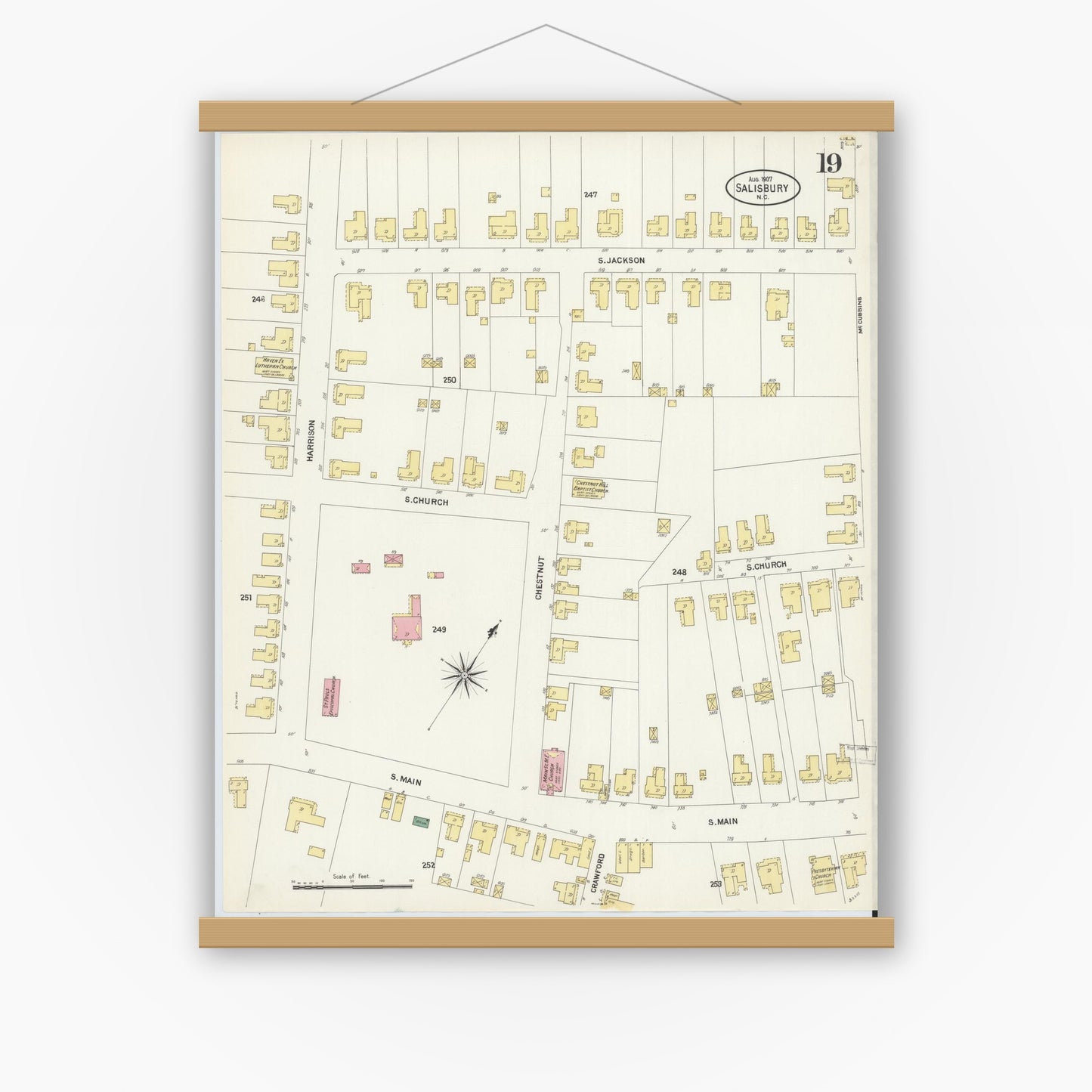 Old map wall art mockup — magnetic wood frame on white wall — Sanborn Fire Insurance Map from Salisbury, Rowan County, North Carolina (1907), Sheet #0019