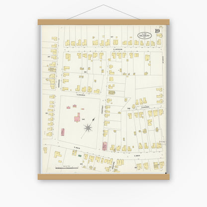 Old map wall art mockup — magnetic wood frame on white wall — Sanborn Fire Insurance Map from Salisbury, Rowan County, North Carolina (1907), Sheet #0019