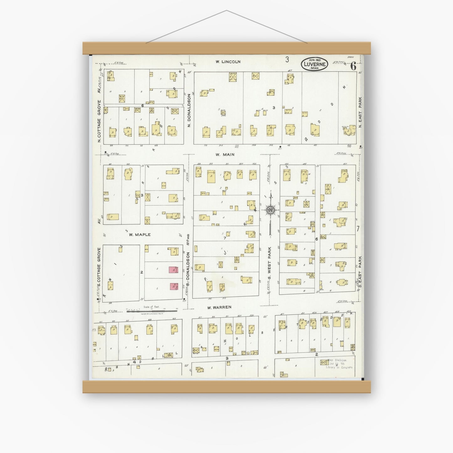 Old map wall art mockup — magnetic wood frame on white wall — Sanborn Fire Insurance Map from Luverne, Rock County, Minnesota (1921), Sheet #0006
