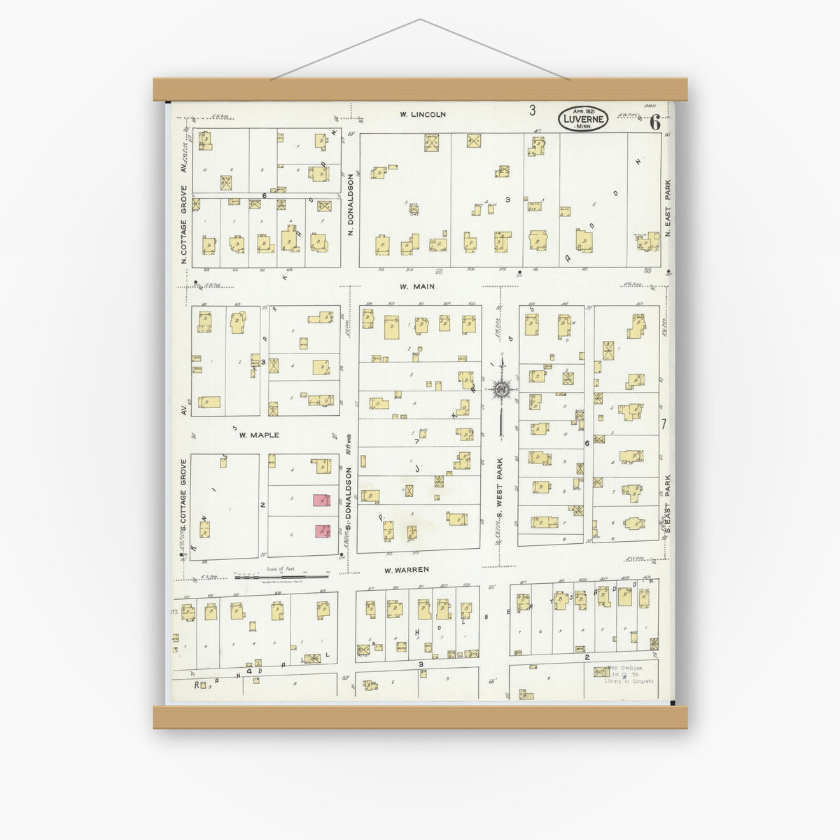 Old map wall art mockup — magnetic wood frame on white wall — Sanborn Fire Insurance Map from Luverne, Rock County, Minnesota (1921), Sheet #0006