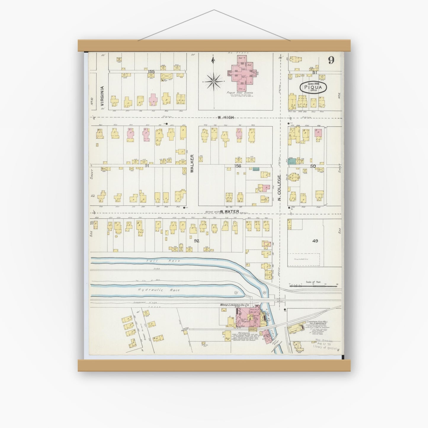 Old map wall art mockup — magnetic wood frame on white wall — Sanborn Fire Insurance Map from Piqua, Miami County, Ohio (1892), Sheet #0009