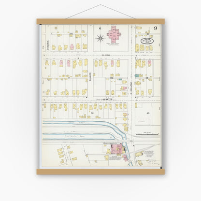 Old map wall art mockup — magnetic wood frame on white wall — Sanborn Fire Insurance Map from Piqua, Miami County, Ohio (1892), Sheet #0009