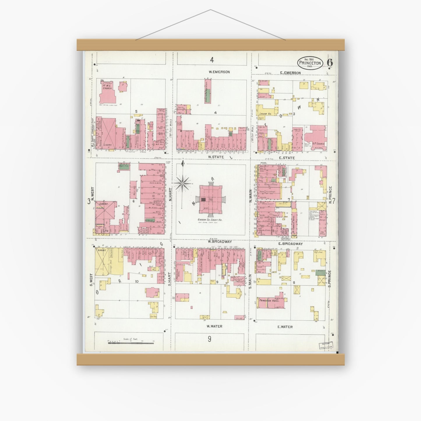 Old map wall art mockup — magnetic wood frame on white wall — Sanborn Fire Insurance Map from Princeton, Gibson County, Indiana (1900), Sheet #0006