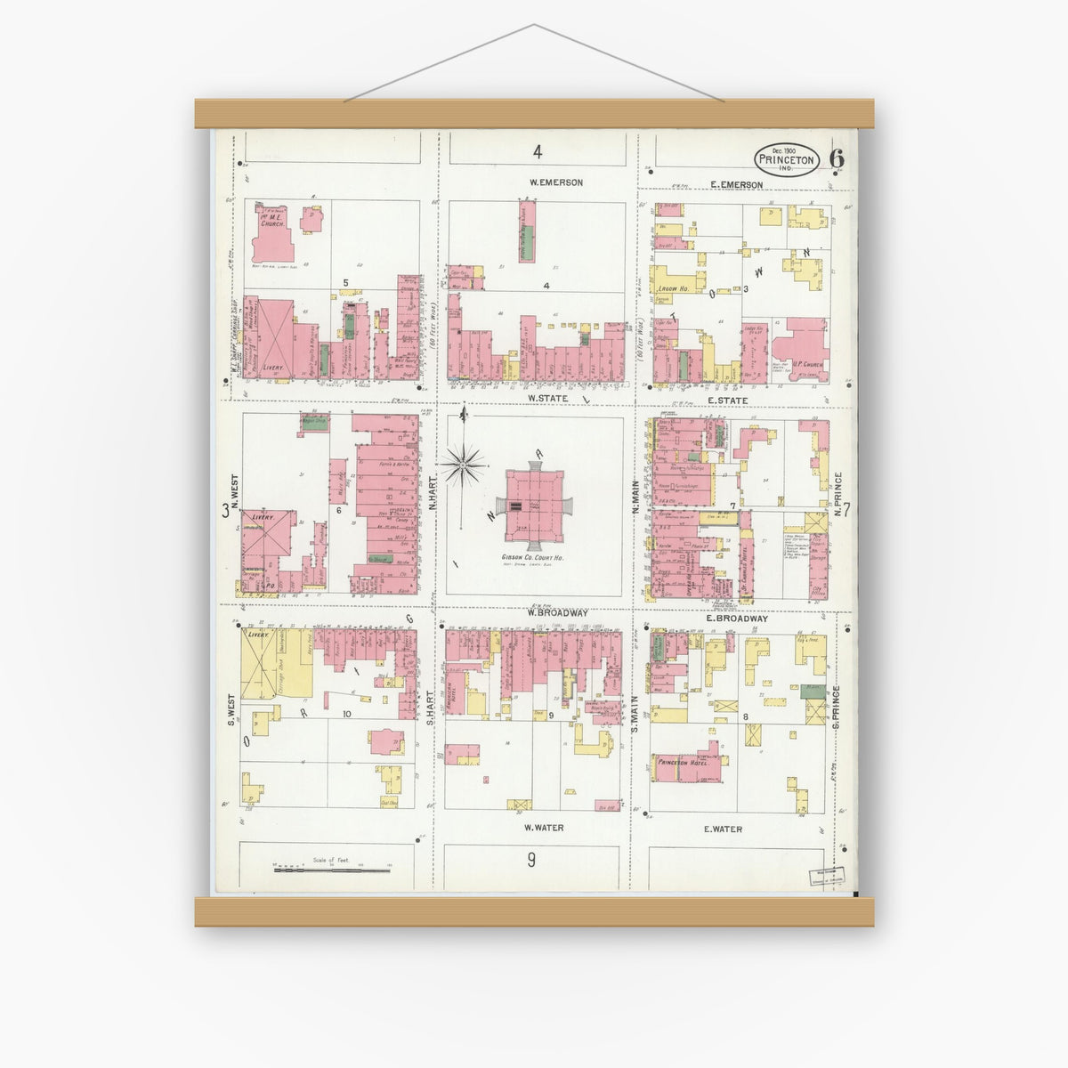Old map wall art mockup — magnetic wood frame on white wall — Sanborn Fire Insurance Map from Princeton, Gibson County, Indiana (1900), Sheet #0006
