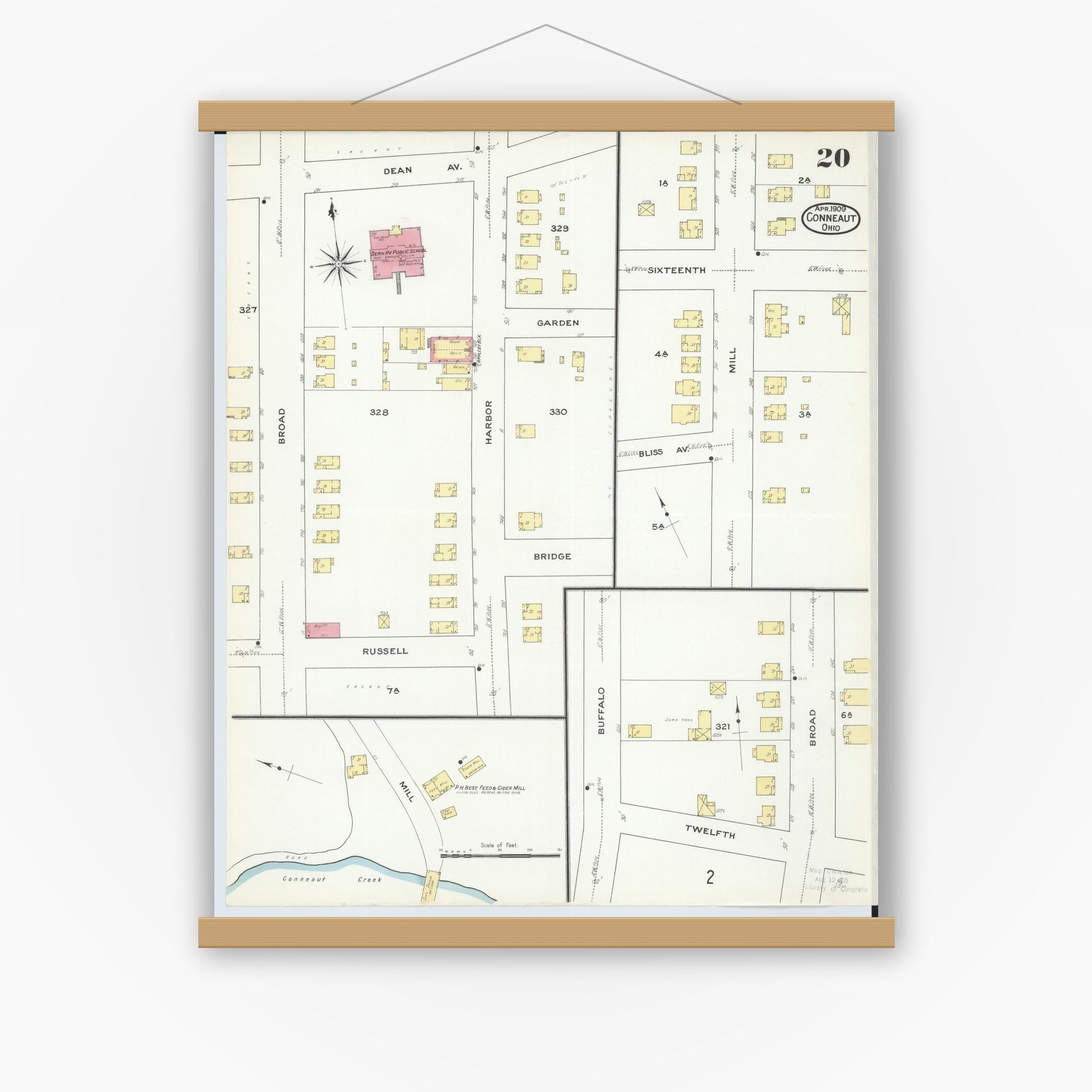 Old map wall art mockup — magnetic wood frame on white wall — Sanborn Fire Insurance Map from Conneaut, Ashtabula County, Ohio (1909), Sheet #0020