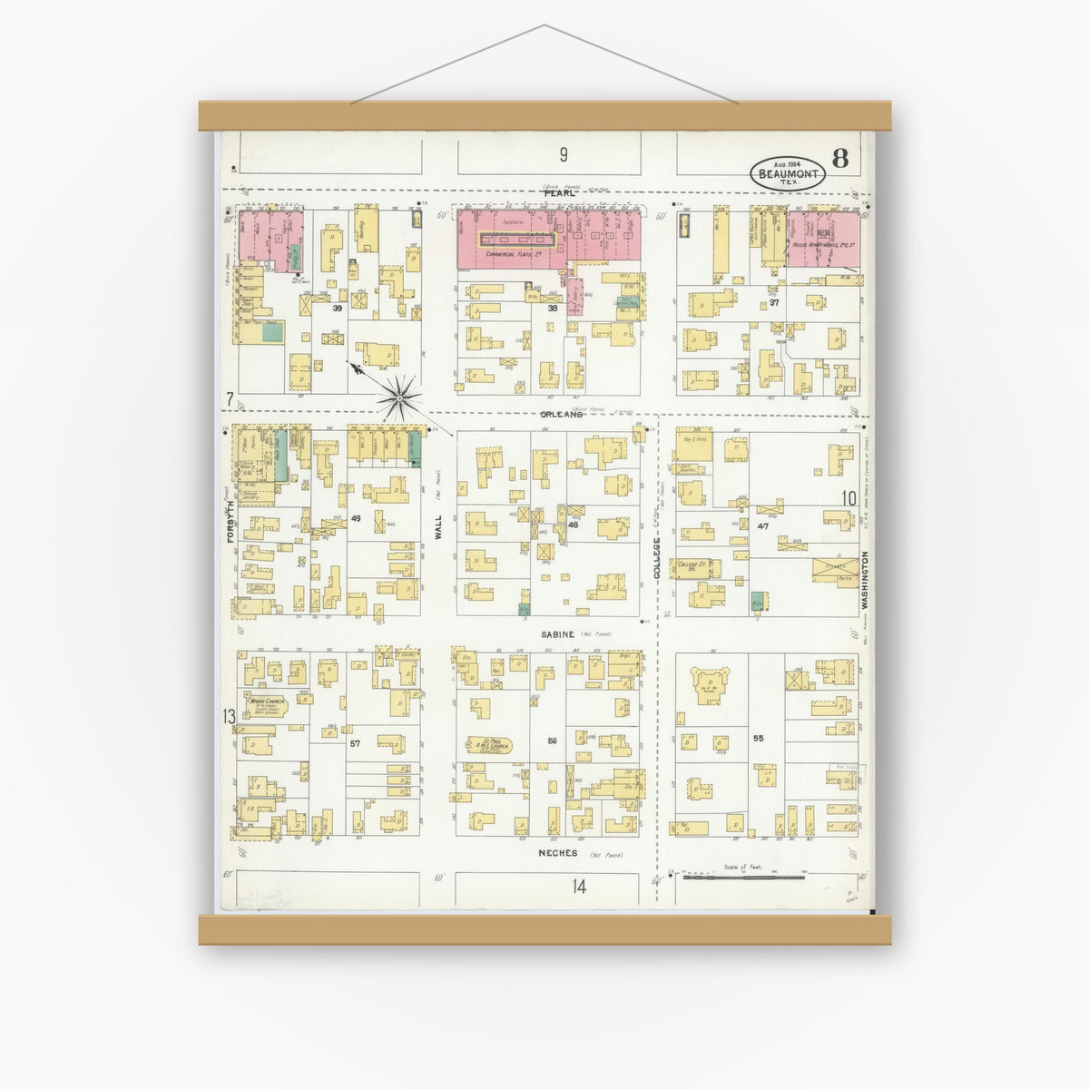Old map wall art mockup — magnetic wood frame on white wall — Sanborn Fire Insurance Map from Beaumont, Jefferson County, Texas (1904), Sheet #0008