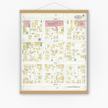 Old map wall art mockup — magnetic wood frame on white wall — Sanborn Fire Insurance Map from Beaumont, Jefferson County, Texas (1904), Sheet #0008
