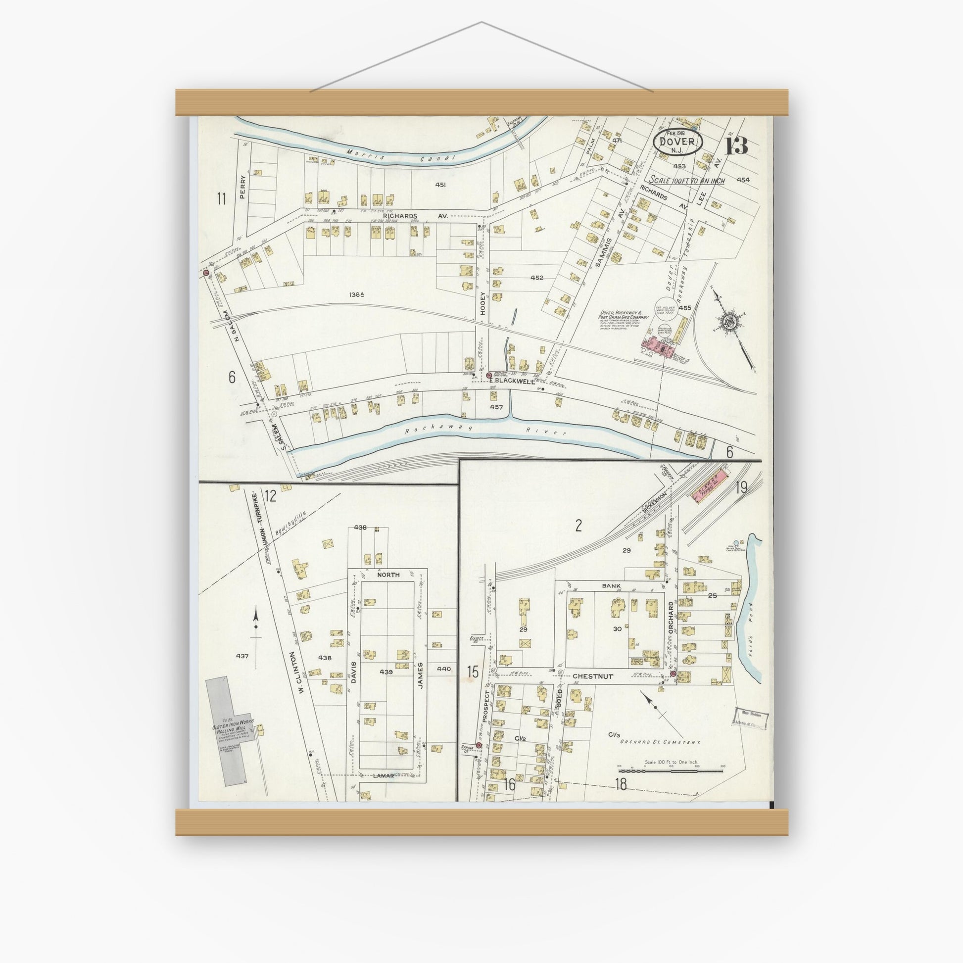Old map wall art mockup — magnetic wood frame on white wall — Sanborn Fire Insurance Map from Dover, Morris County, New Jersey (1916), Sheet #0013